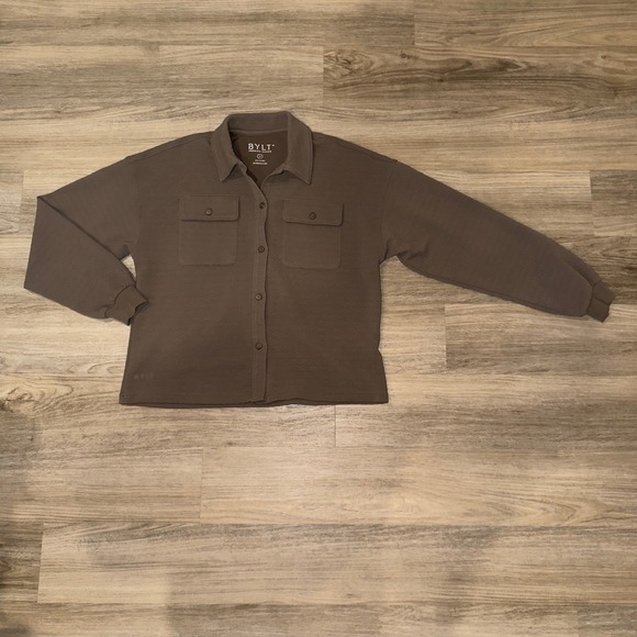 BYLT Basics Tops - BYLT Serene Shacket Womens Small Dark Taupe Button Front Overshirt